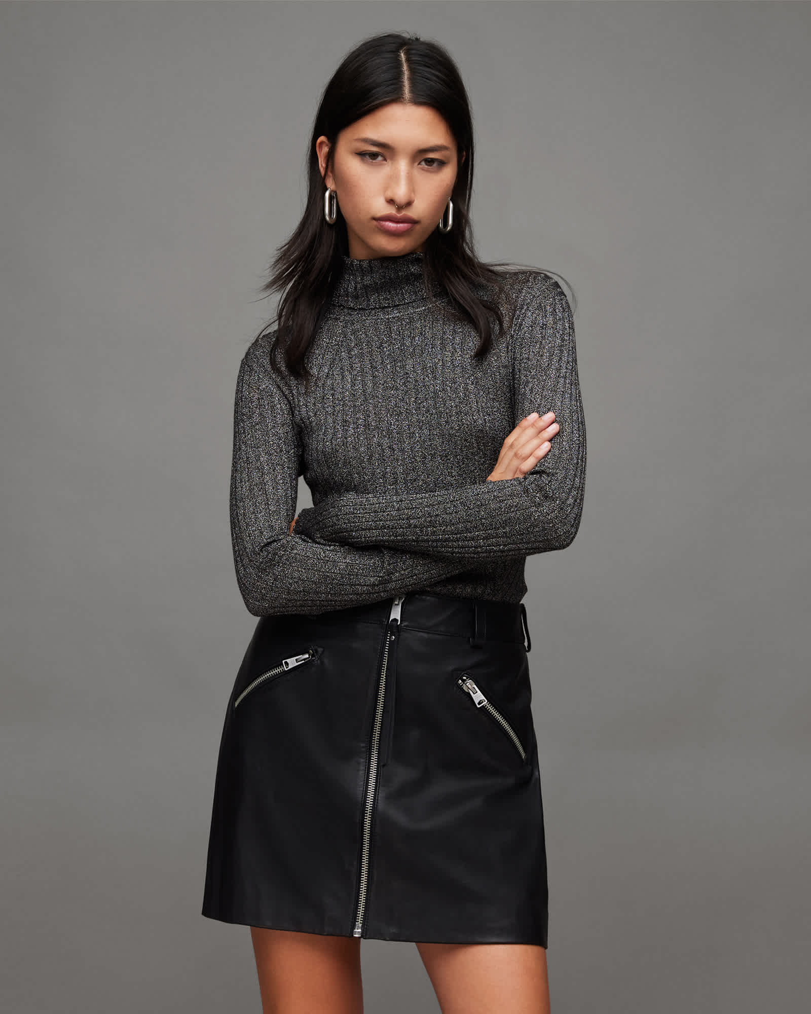 Juliette Roll Neck Slim Metallic Sweater Black/Silver Juliette Roll Neck Slim Metallic Sweater Black/Silver
