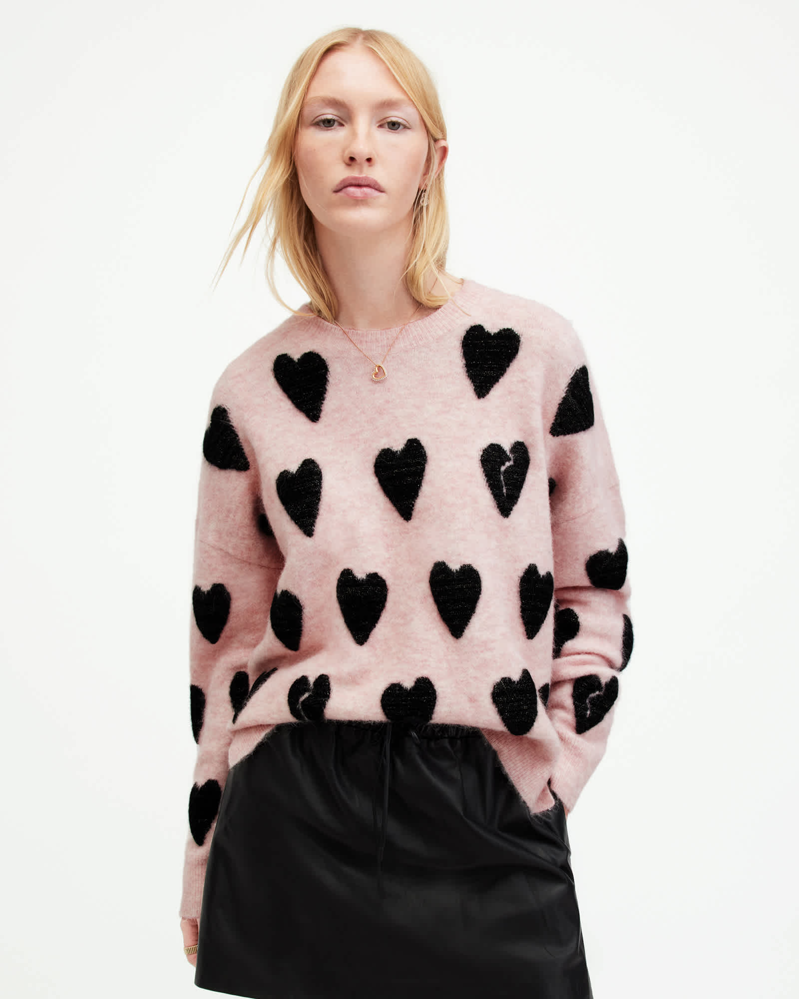 Amora Love Heart Jacquard Brushed Sweater PALE PINK/BLACK