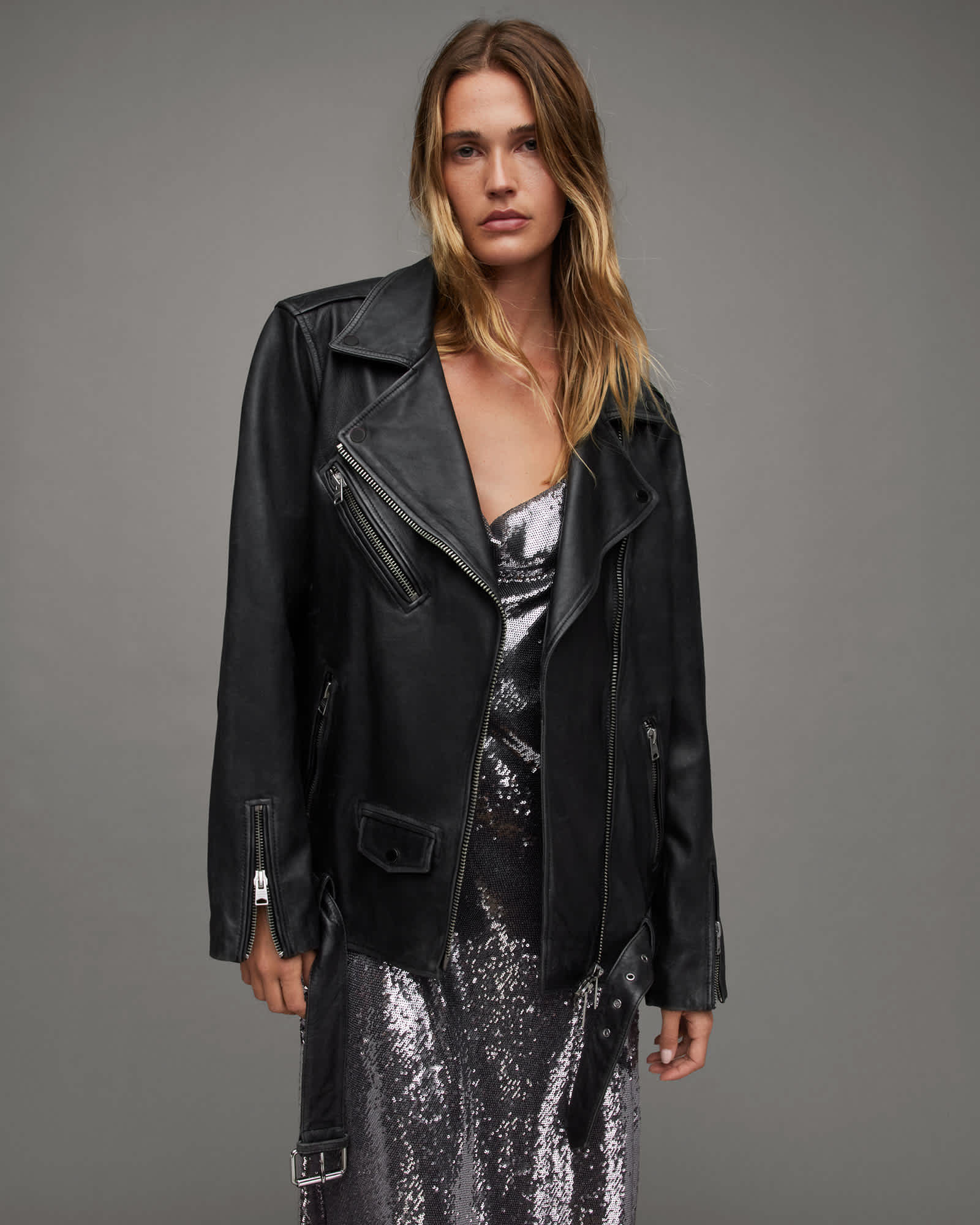 Billie Oversized Leather Biker Jacket Black | ALLSAINTS US