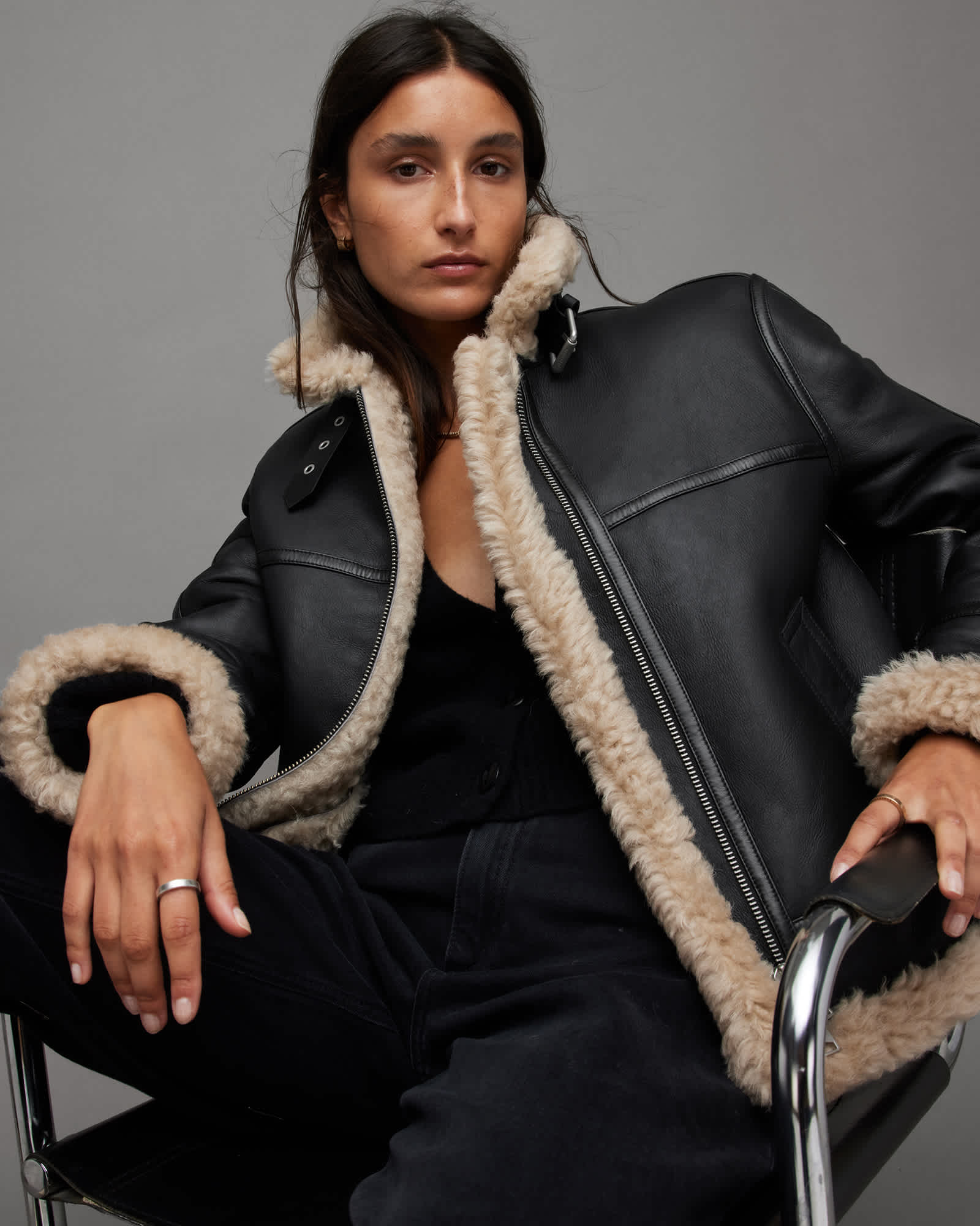 ジャケット・アウター AllSaints Lorel leather jacket Lorel Shearling Flying Jacket Black | ALLSAINTS US