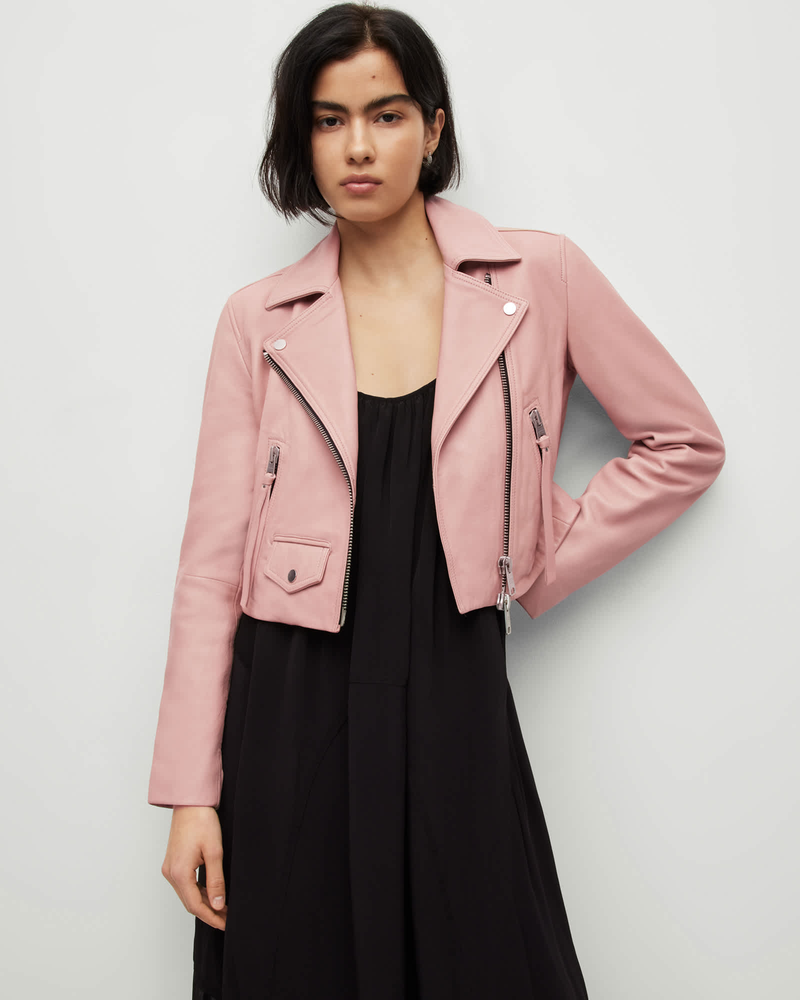 最終決算 Cropped Elora Leather ALLSAINTS | PINK MISTY Jacket Biker ジャケット・アウター