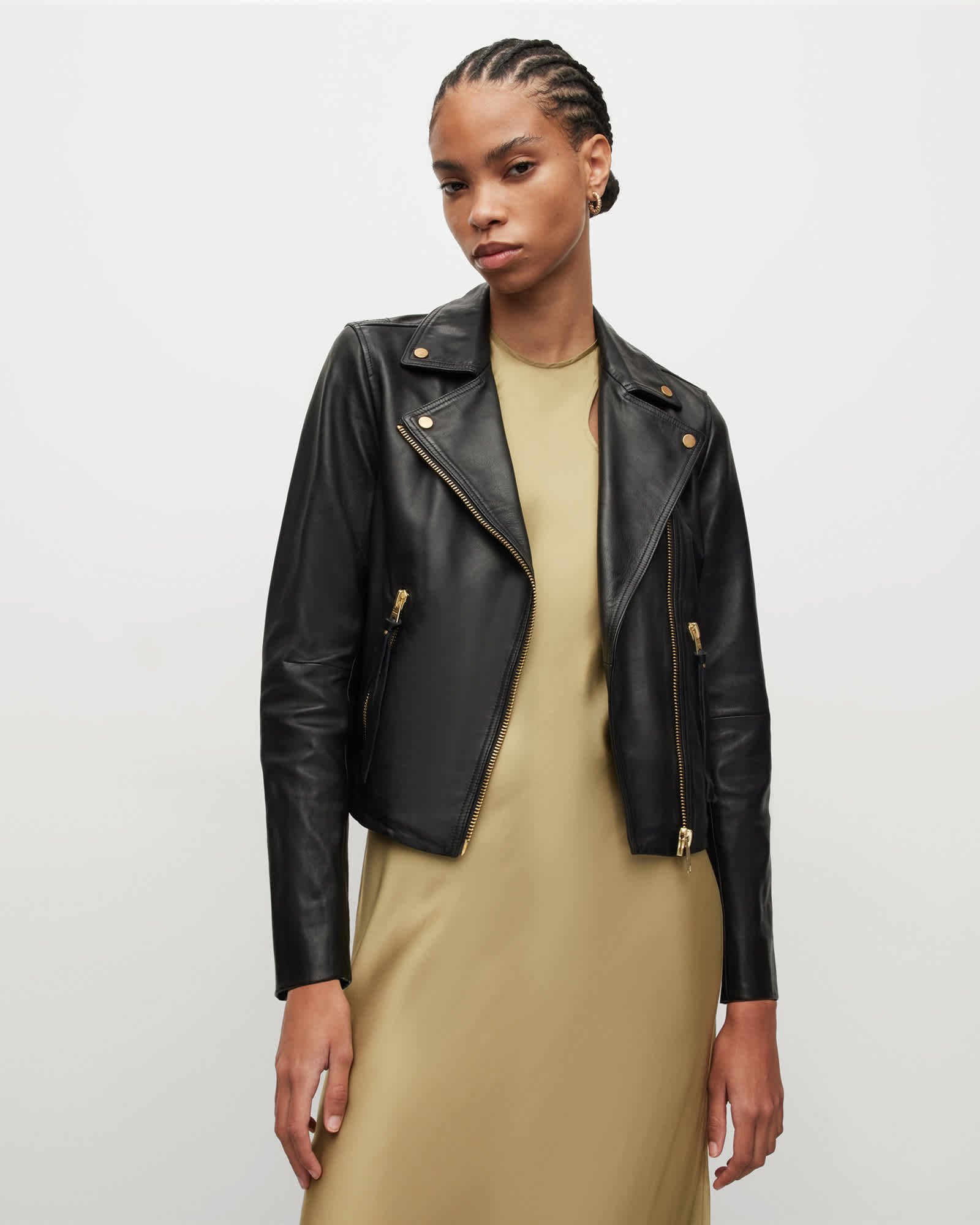 Dalby Slim Fit Gold Leather Biker Jacket BLACK/GOLD