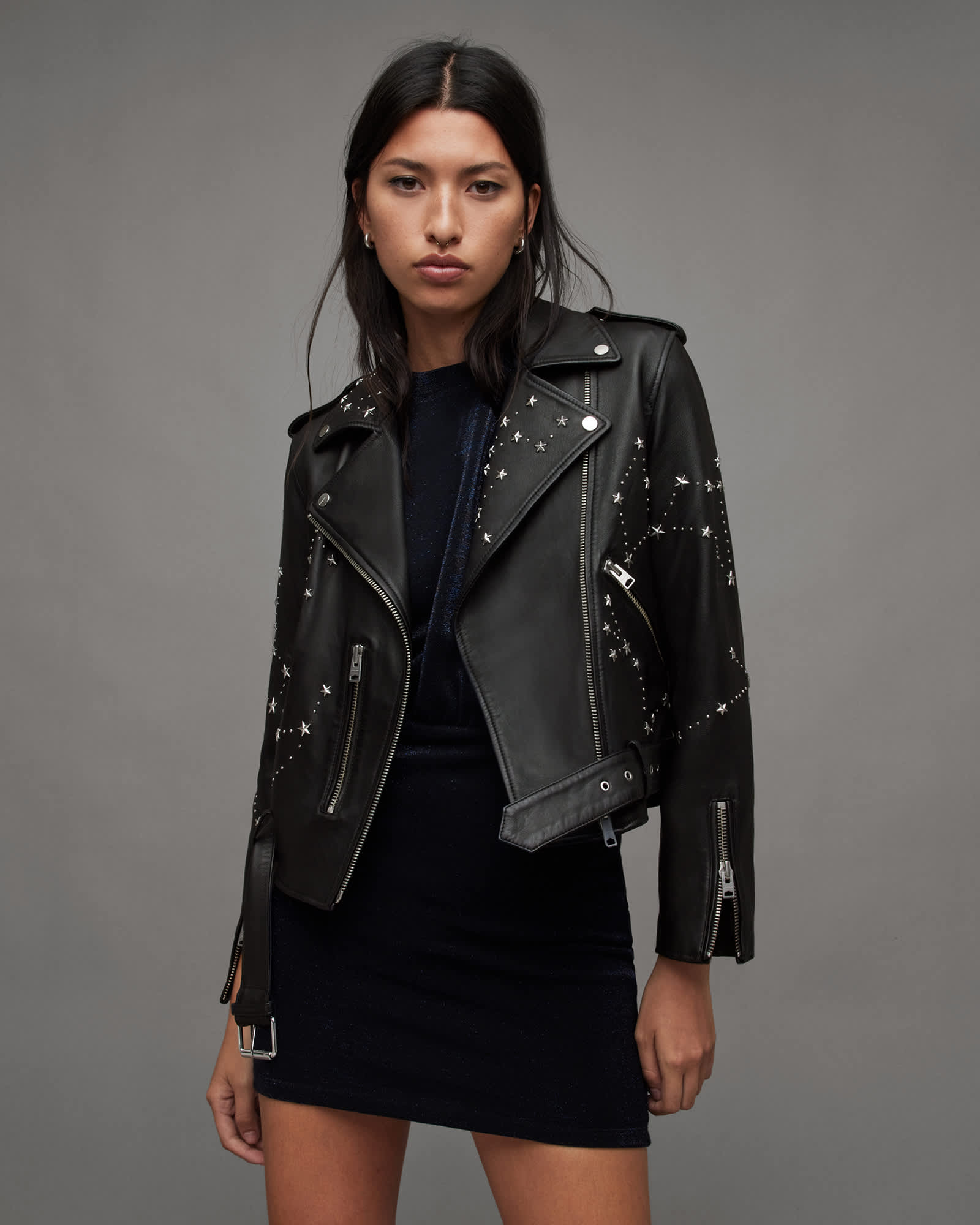 Balfern Stela Stud Leather Biker Jacket Black/Silver