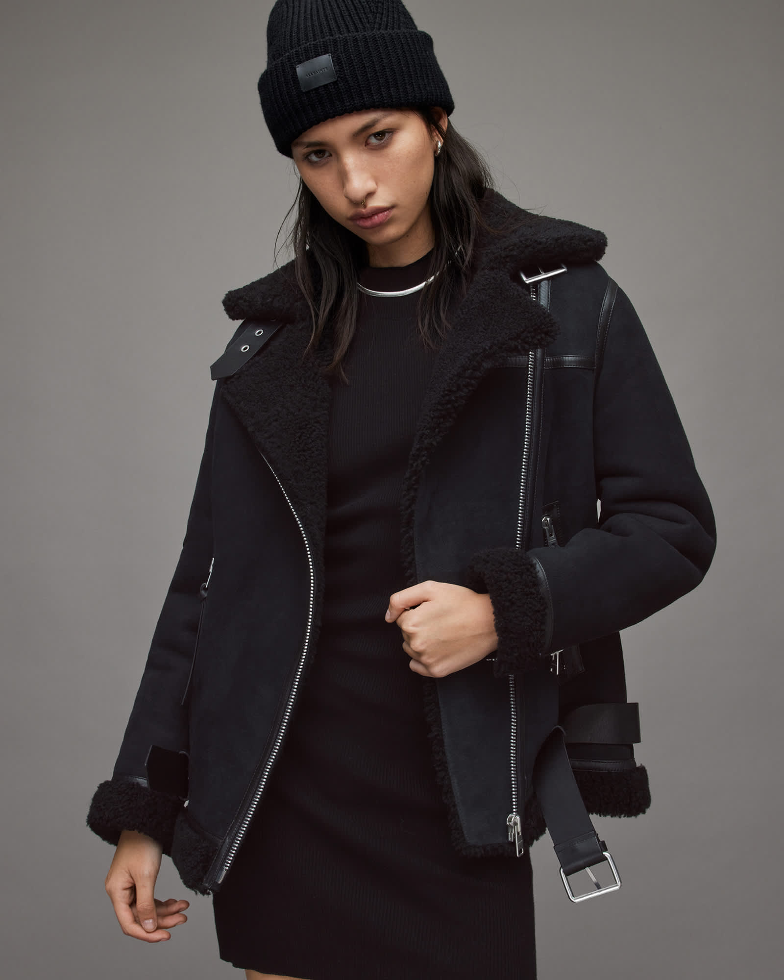Rei Shearling Biker Jacket Black/Black | ALLSAINTS Canada