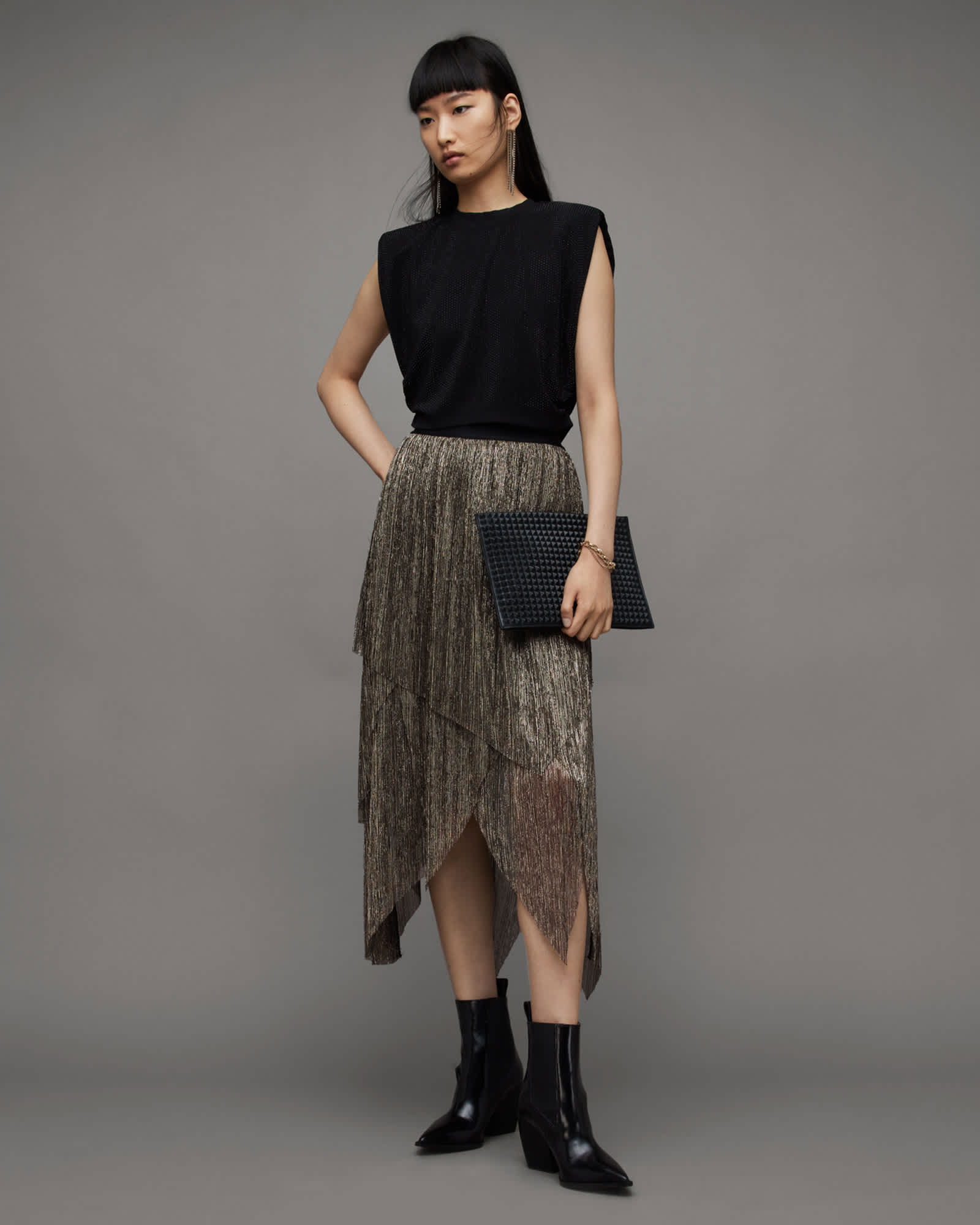 Veena Tulle Layered Midi Skirt BLACK GOLD | ALLSAINTS