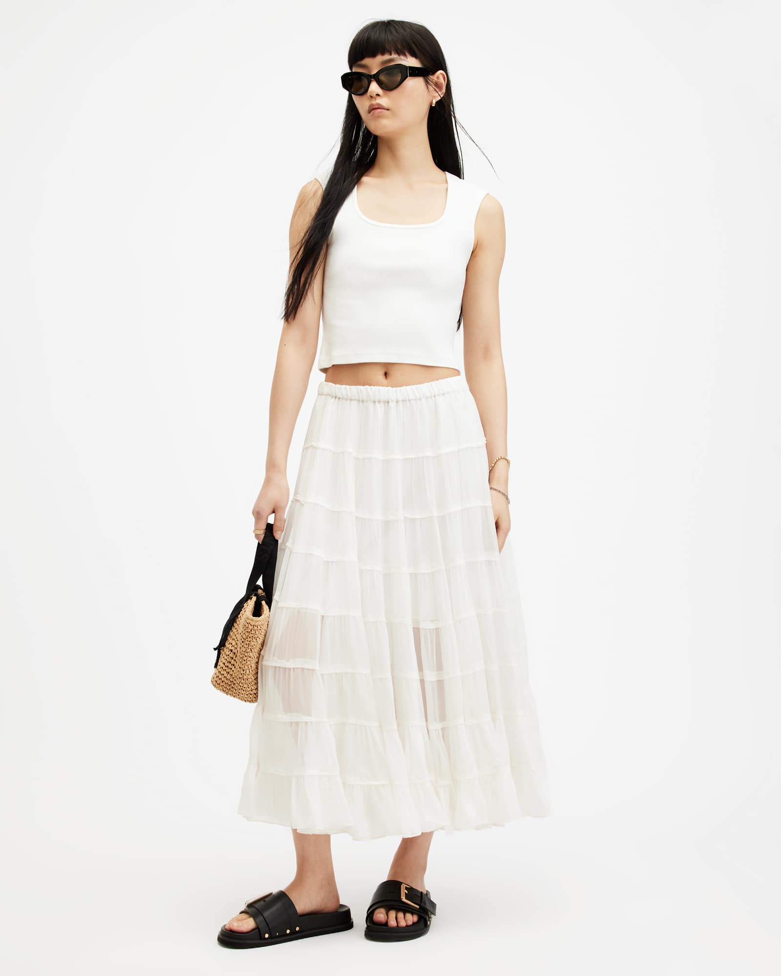 Eva Elasticated Waist Tiered Maxi Skirt Chalk White