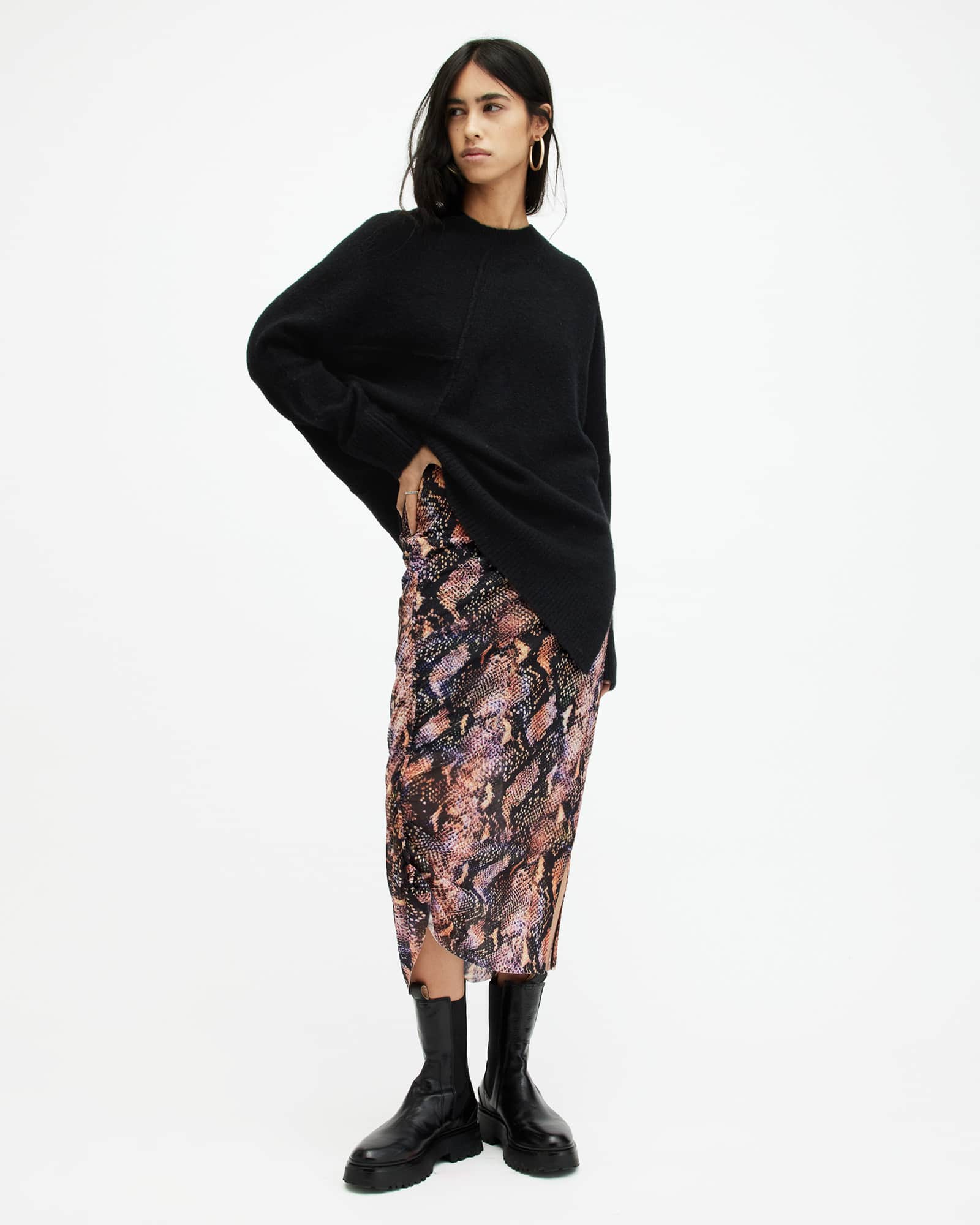 Nora Tahoe Snake Print Midi Skirt Tan Brown | ALLSAINTS US Nora Tahoe Snake Print Midi Skirt Tan Brown | ALLSAINTS US
