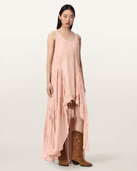 all saints pink dress Sienna Ruffle Maxi Dress EMPOLI POP PINK