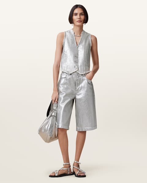 Louie Metallic Long Denim Shorts