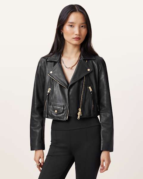 Image for Elora Cropped Slim Leather Biker Jacket