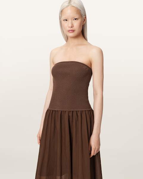 brown suede dress women Christine Brown Off Shoulder Draped Maxi Dress, M / Brown main image 1