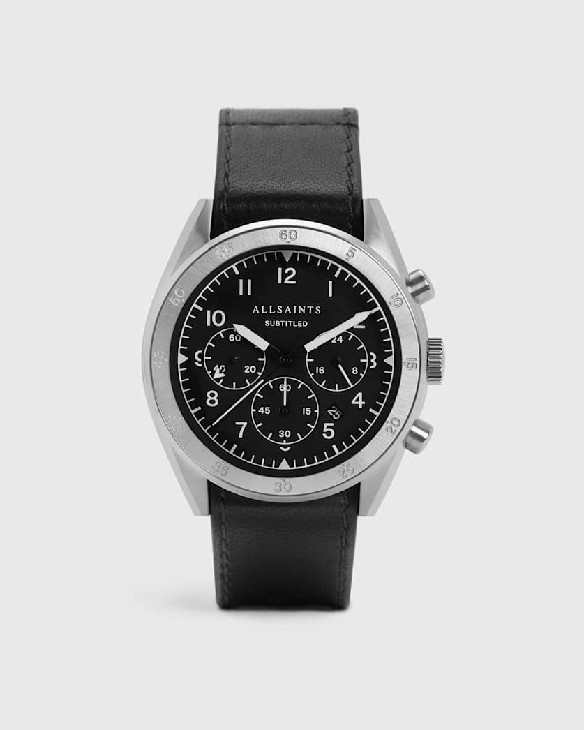 Subtitled IV Stainless Steel and Black Leather Watch