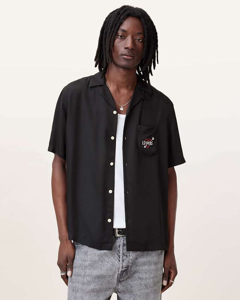 all saints Lovers Embroidered Relaxed Fit Shirt Jet Black