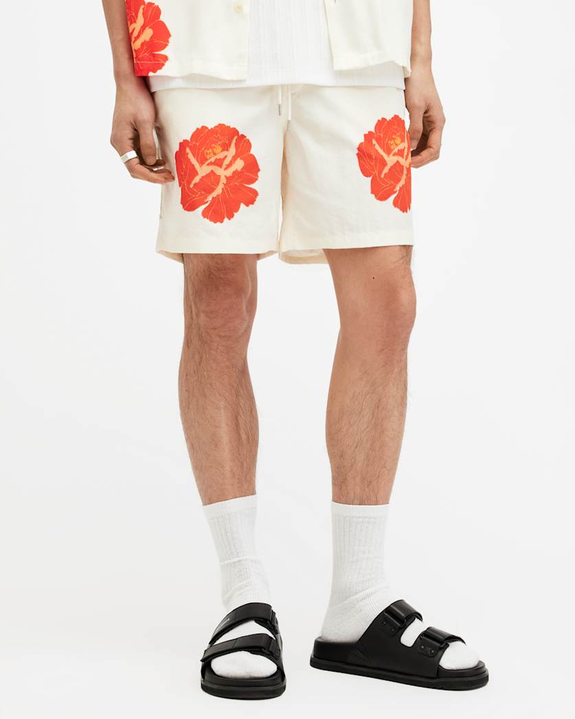 all saints Roze Slim Floral Print Swim Shorts Ecru White