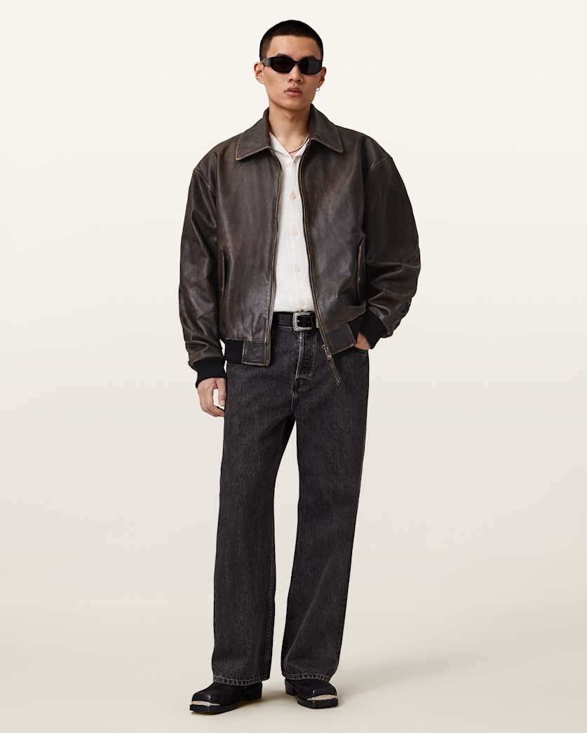 all saints Marco Oversized Leather Bomber Jacket Vintage Black