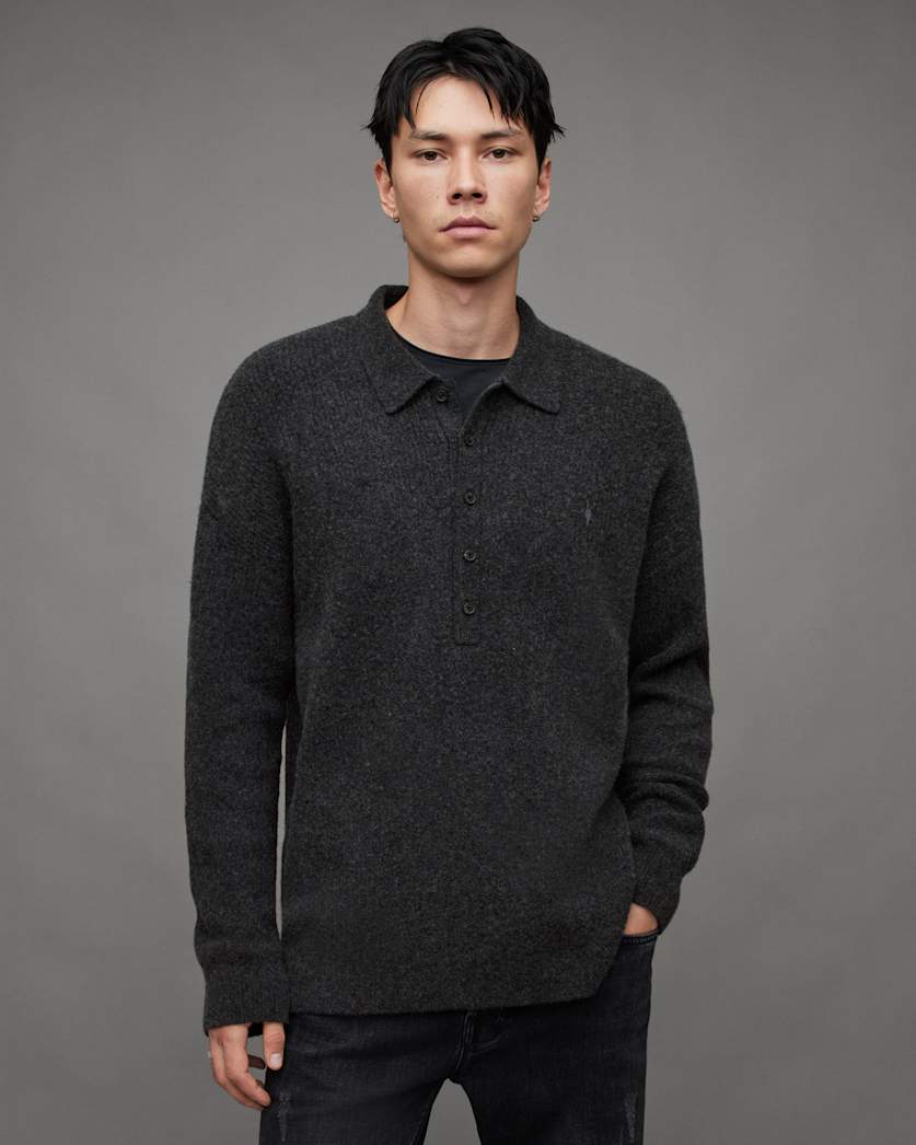 all saints Shapley Long Sleeve Polo Neck Sweater Cinder Black Marl