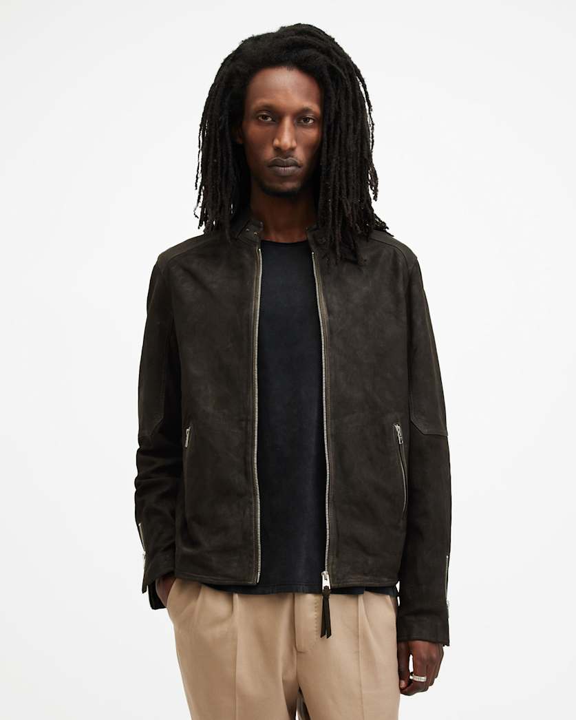 all saints Cora Suede Snap Back Collar Jacket Anthracite Grey