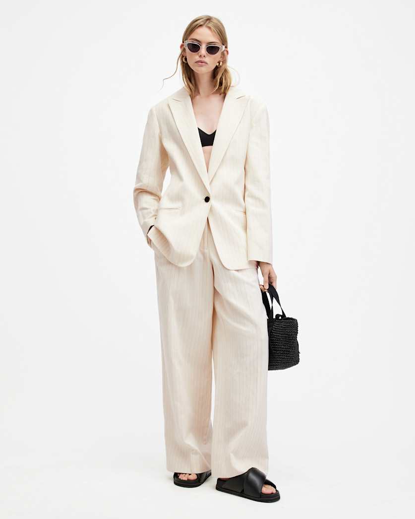 all saints Payton Metallic Stripe Linen Blend Blazer Ivory White