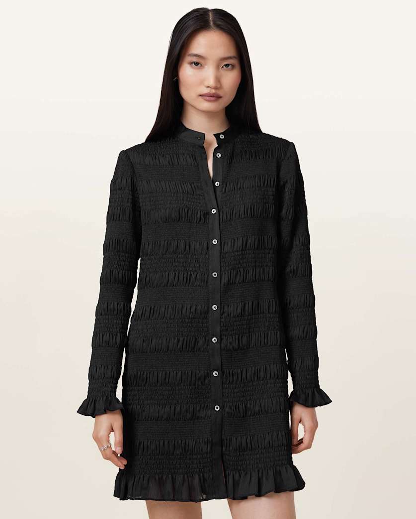all saints Meg Smocked Mini Dress Black