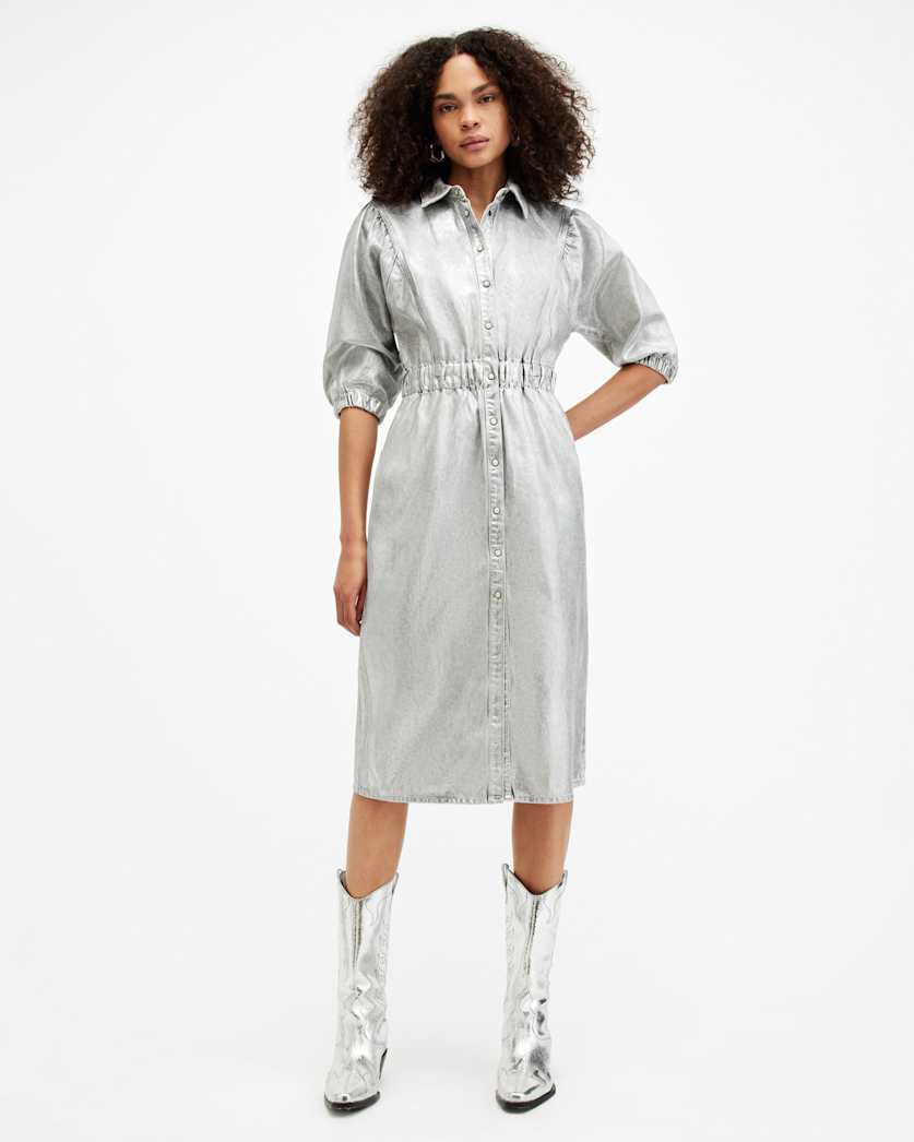 Osa Metallic Coated Denim Midi Dress