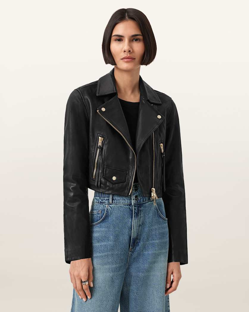 Elora Cropped Slim Leather Biker Jacket