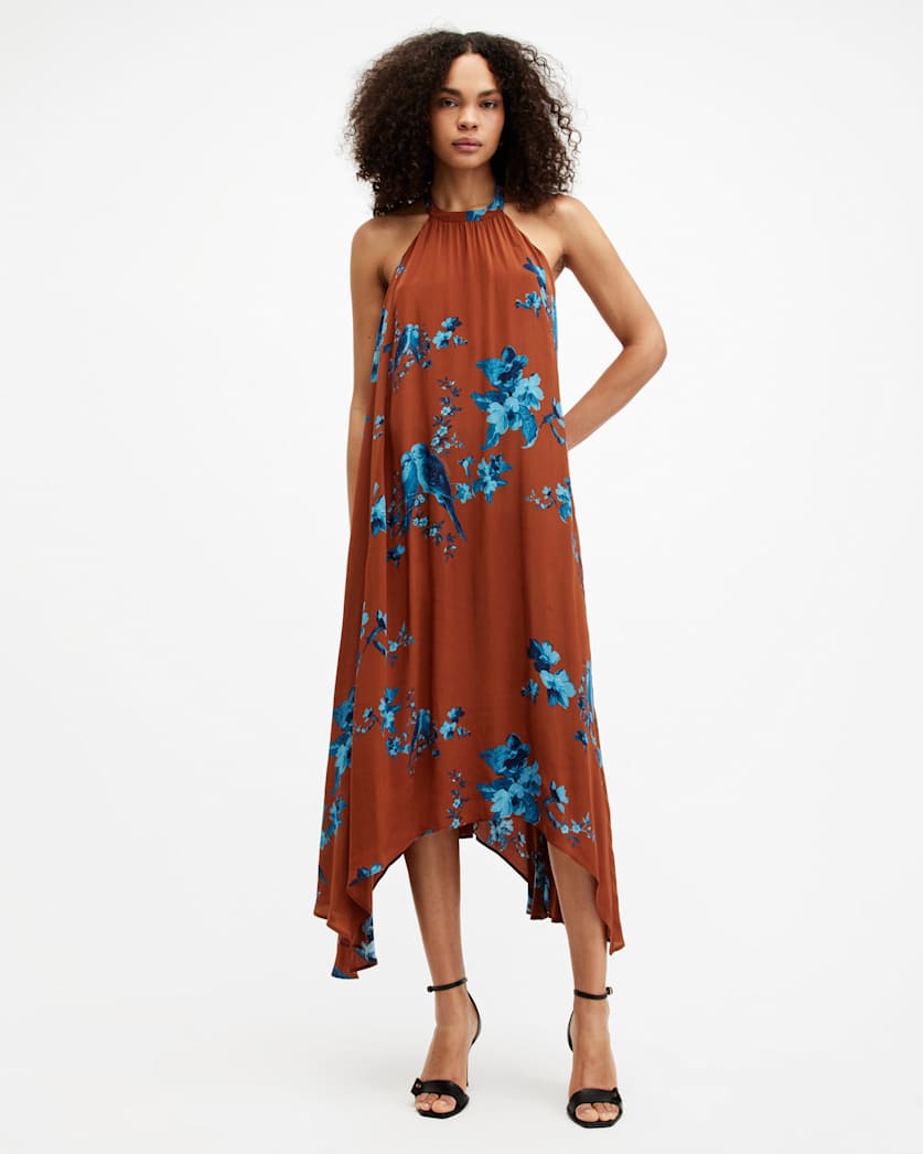 all saints Mysti Halter Neck Floral Iona Maxi Dress Rust Red