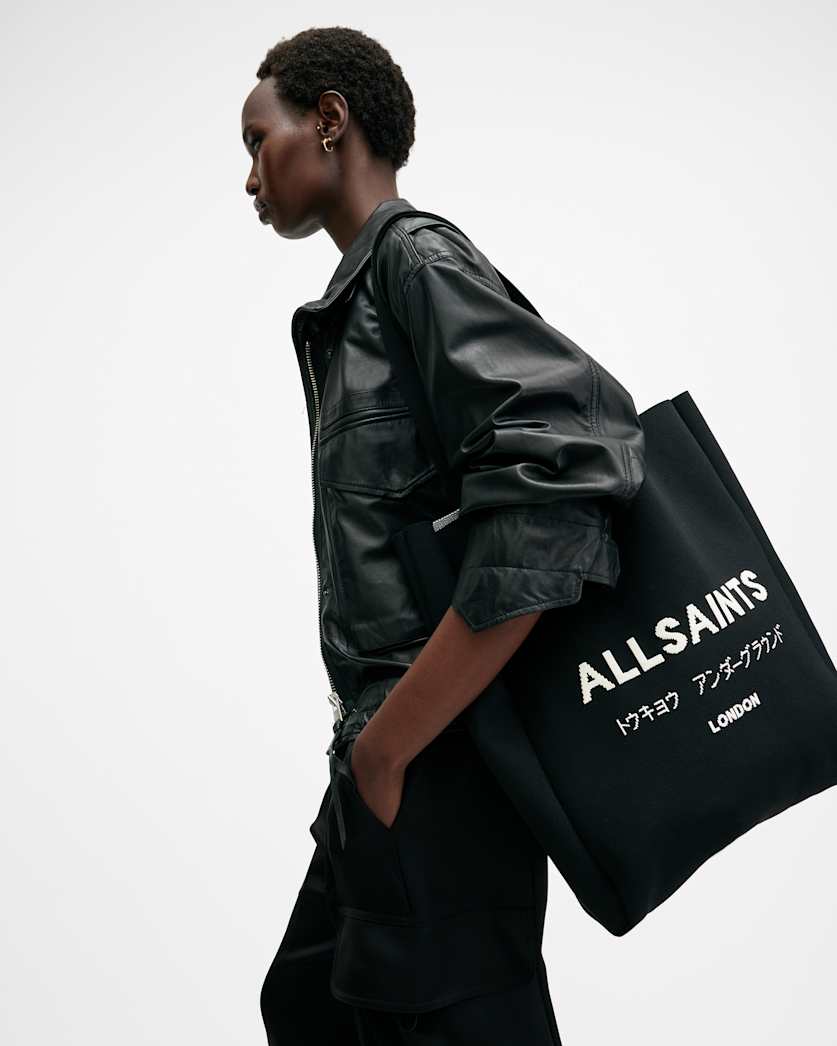 all saints Izzy Logo Print Knitted Tote Bag Black