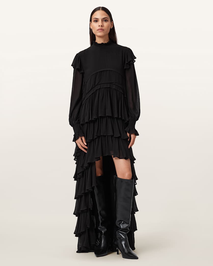all saints Cavarly Long Sleeve Ruffle Maxi Dress Black