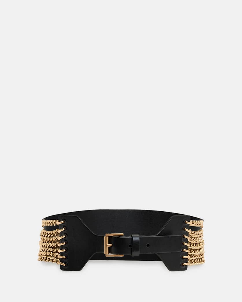 all saints Zora Wide Leather Chain Belt BLACK/WARM BRASS