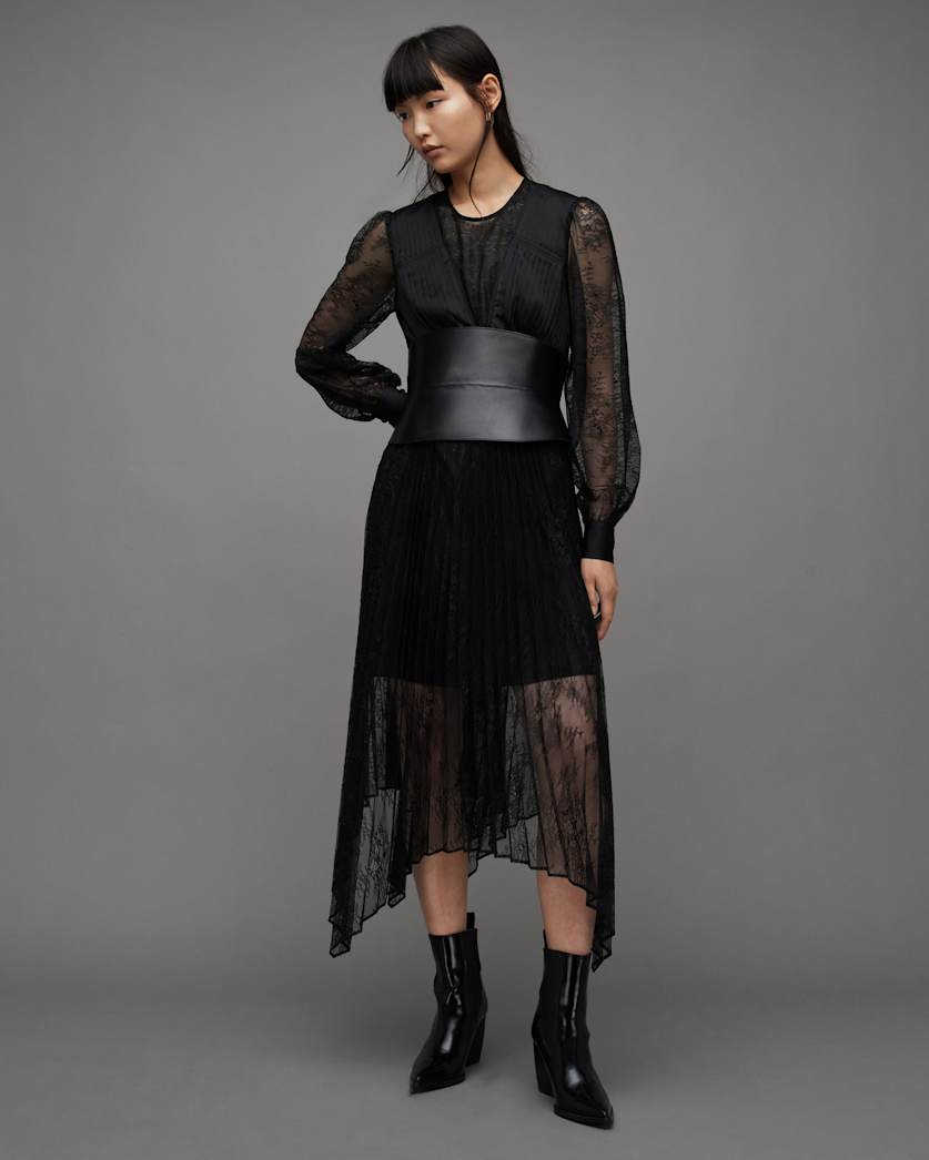all saints Norah Lace Pleated Asymmetric Maxi Dress Black