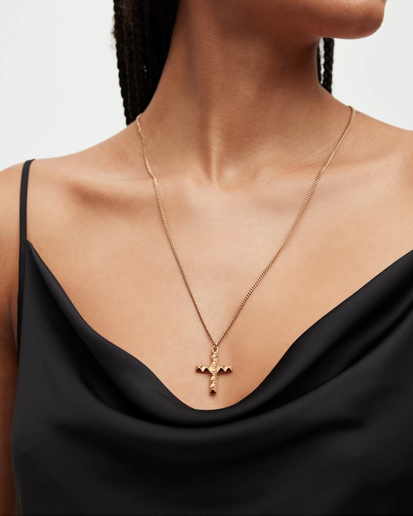 all saints Nova Cross Long Necklace Warm Brass