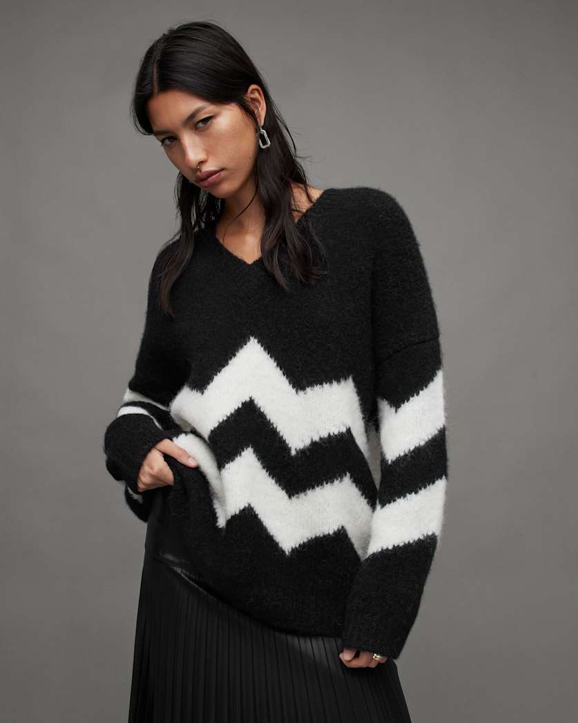 Ziggi Zig Zag Striped V-Neck Jumper