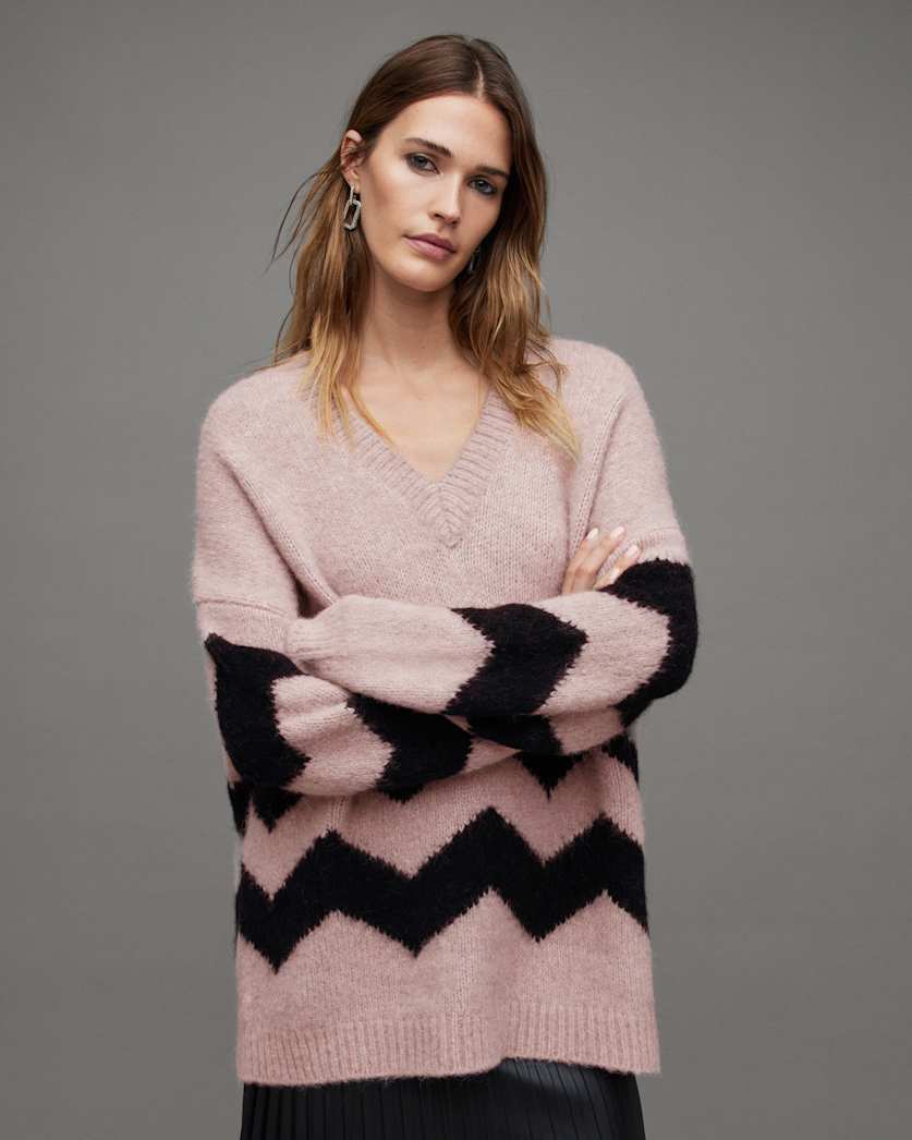 Ziggi Zig Zag Striped V-Neck Jumper