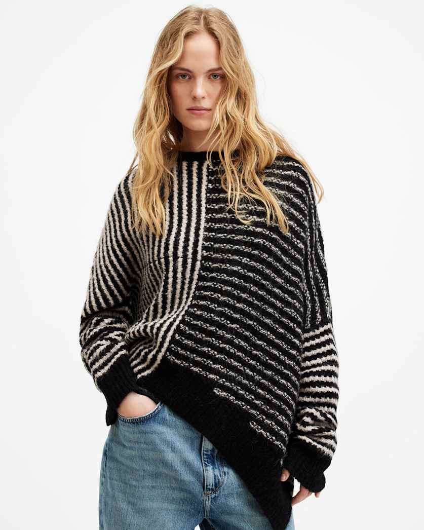 all saints Selina Striped Asymmetric Hem Sweater PASHMINA PINK/BLK
