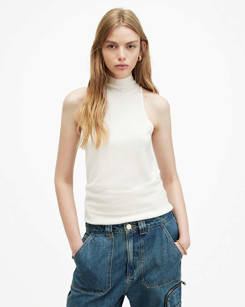 all saints Connie Merino Wool Roll Neck Top Chalk White