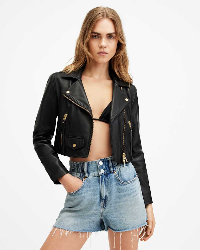 Elora Cropped Slim Leather Biker Jacket