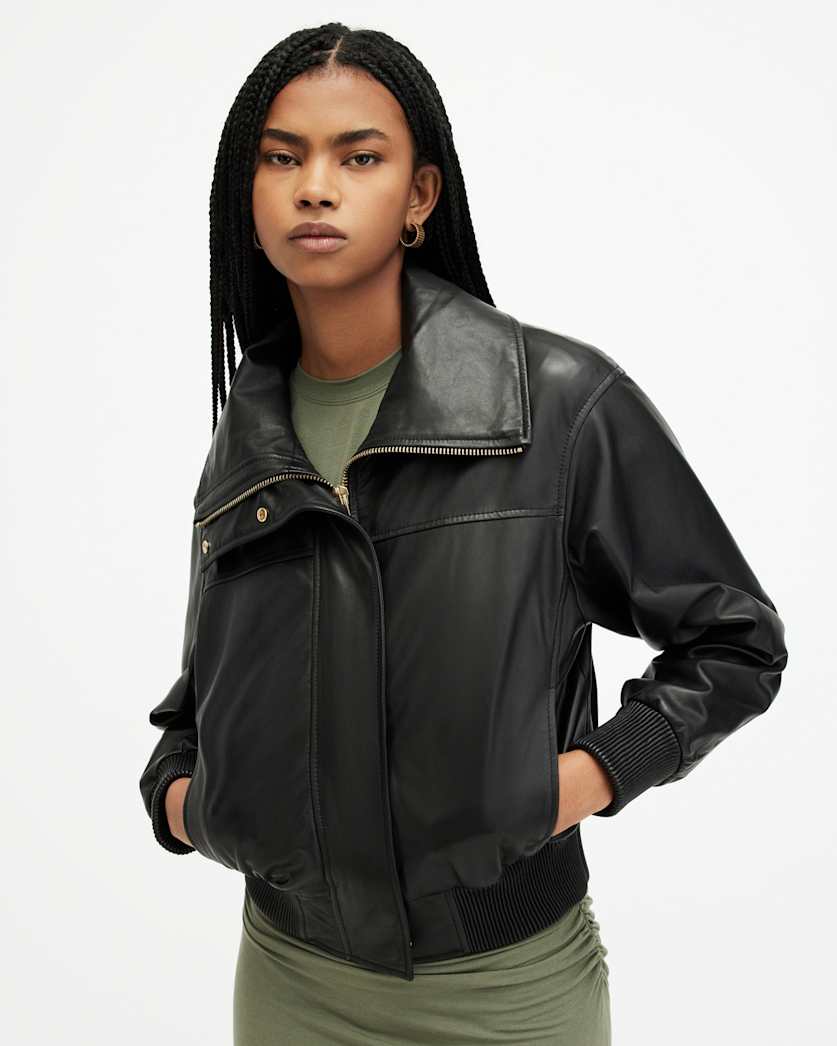 Etta Funnel Neck Leather Bomber Jacket