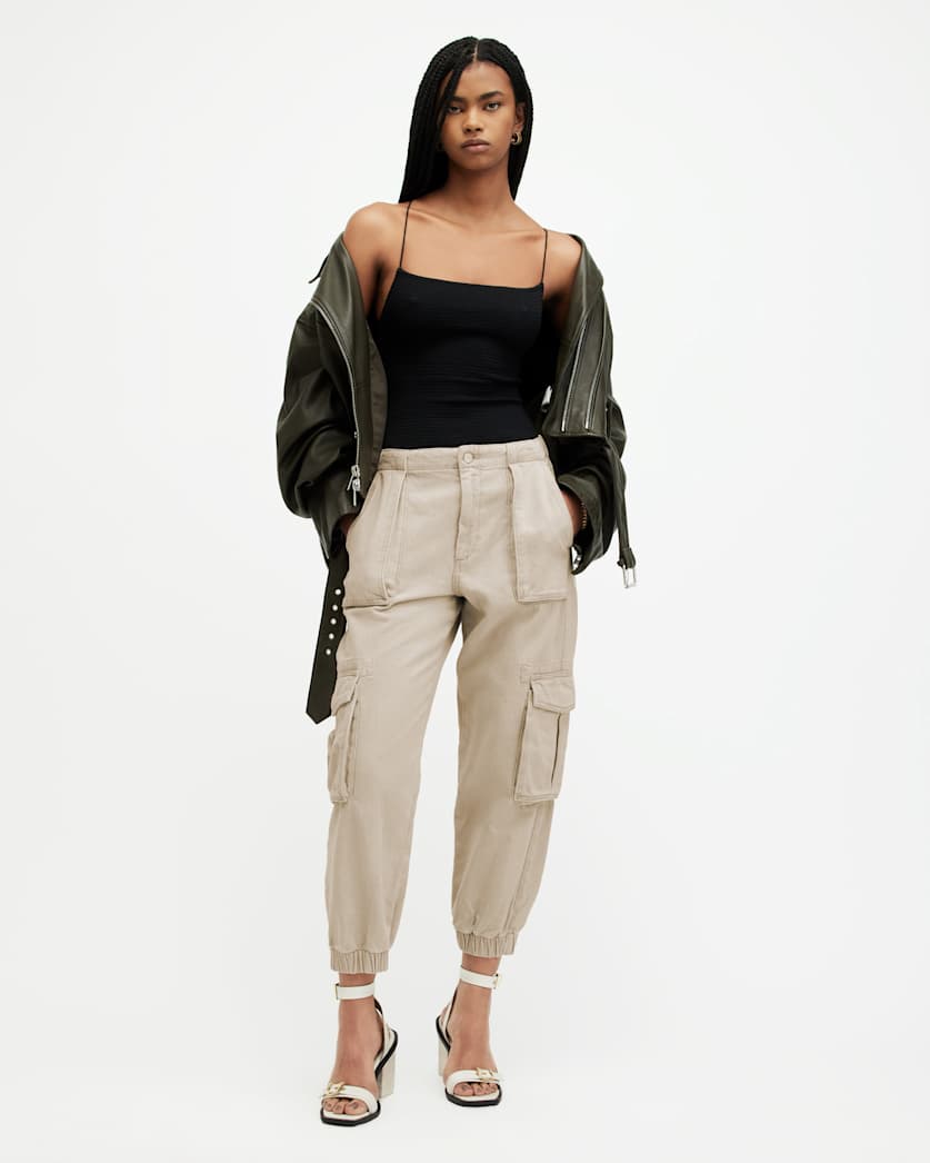 all saints Freda Tapered Denim Cargo Pants Natural White