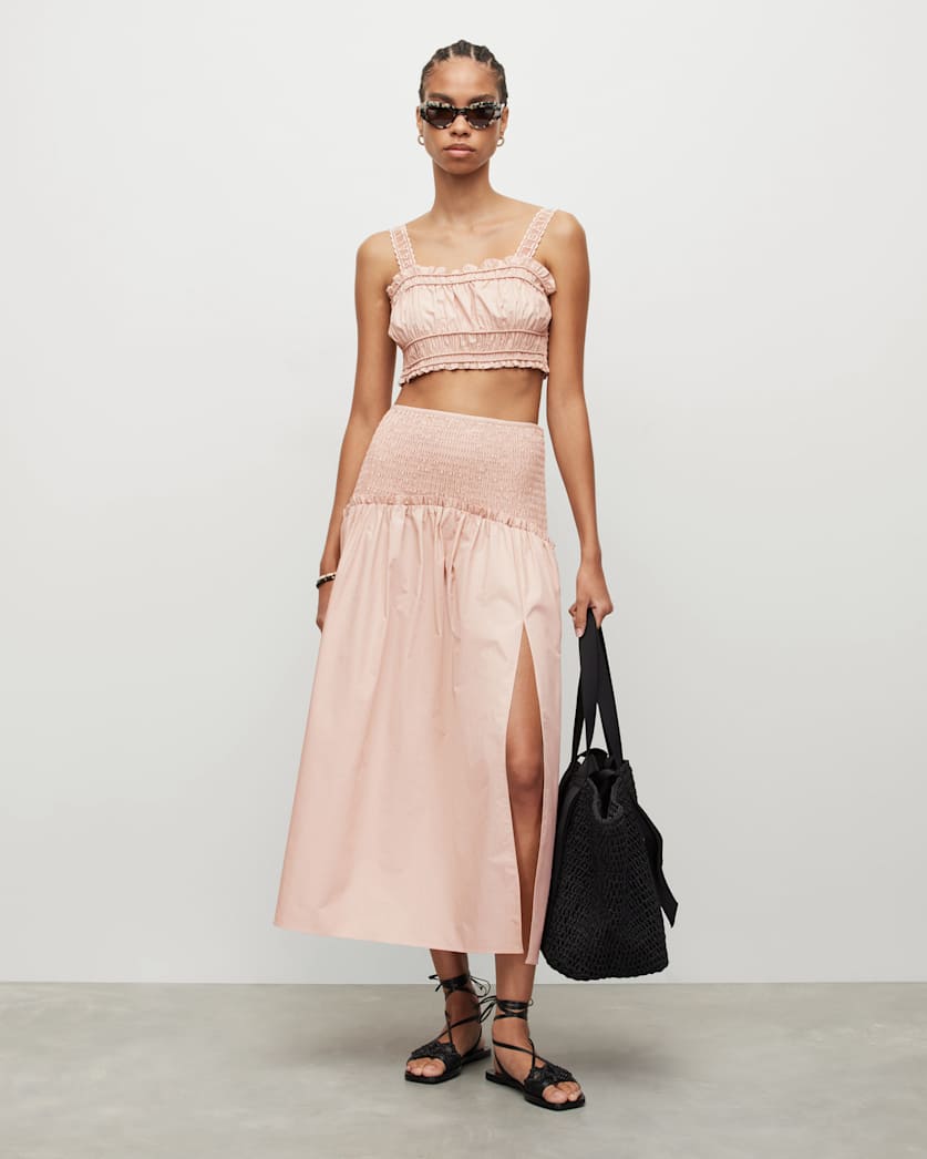 Alex Smocked Side Split Midi Skirt