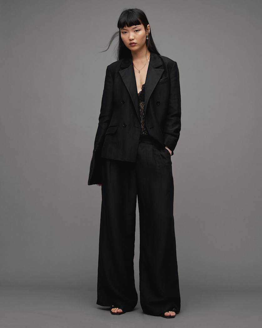 all saints Eve Linen Blend Tailored Slim Fit Blazer Black