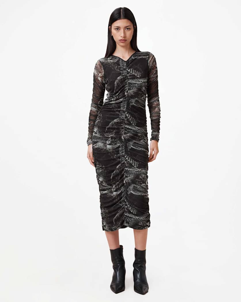 Keiko Mesh Gathered V-Neck Midi Dress
