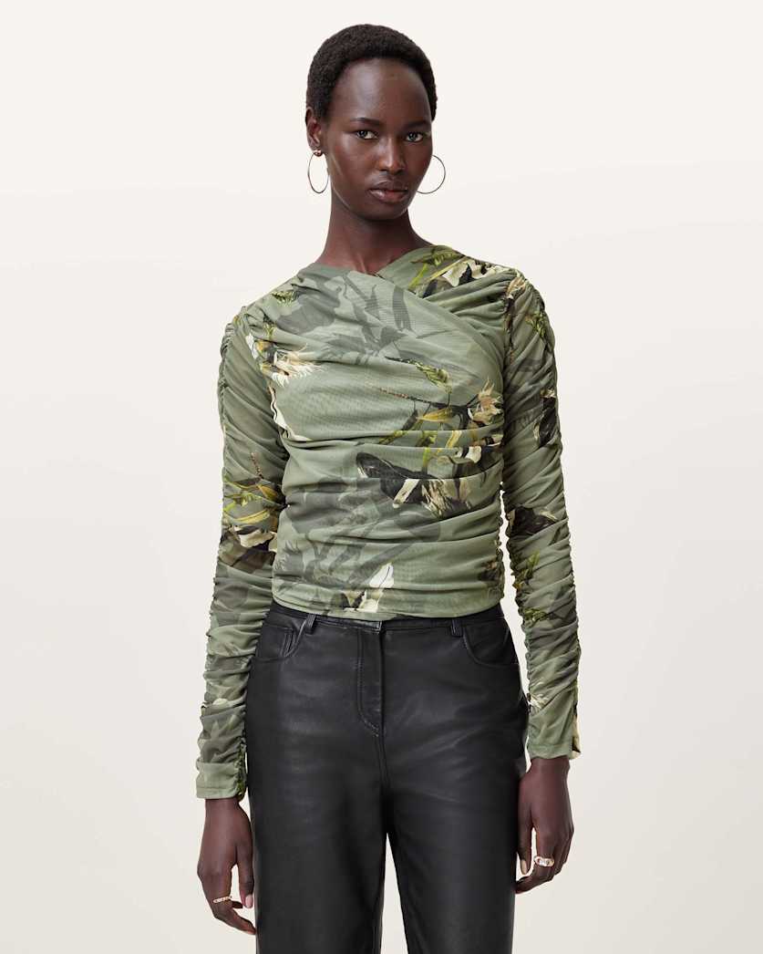 Hanako Print Mesh Wrap Top