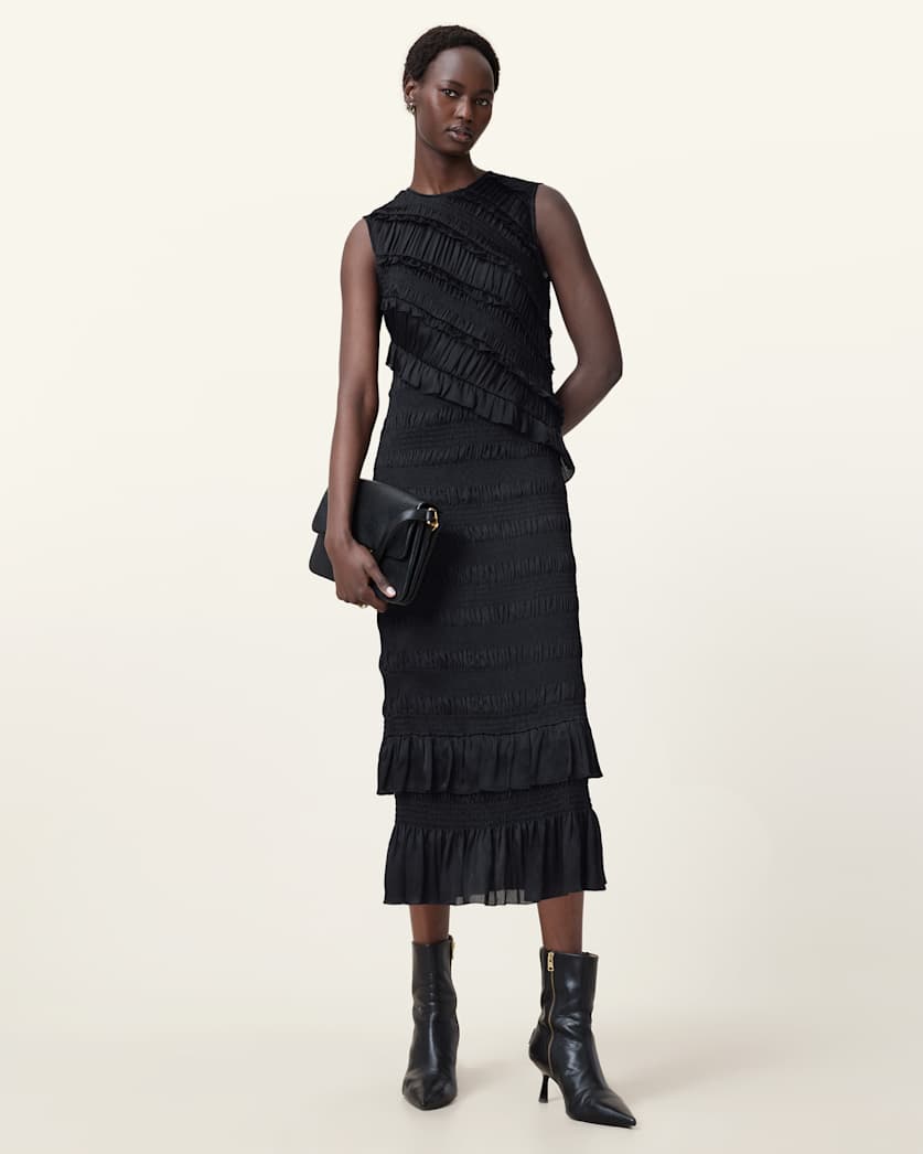 Nyla Sleeveless Shirred Midi Dress