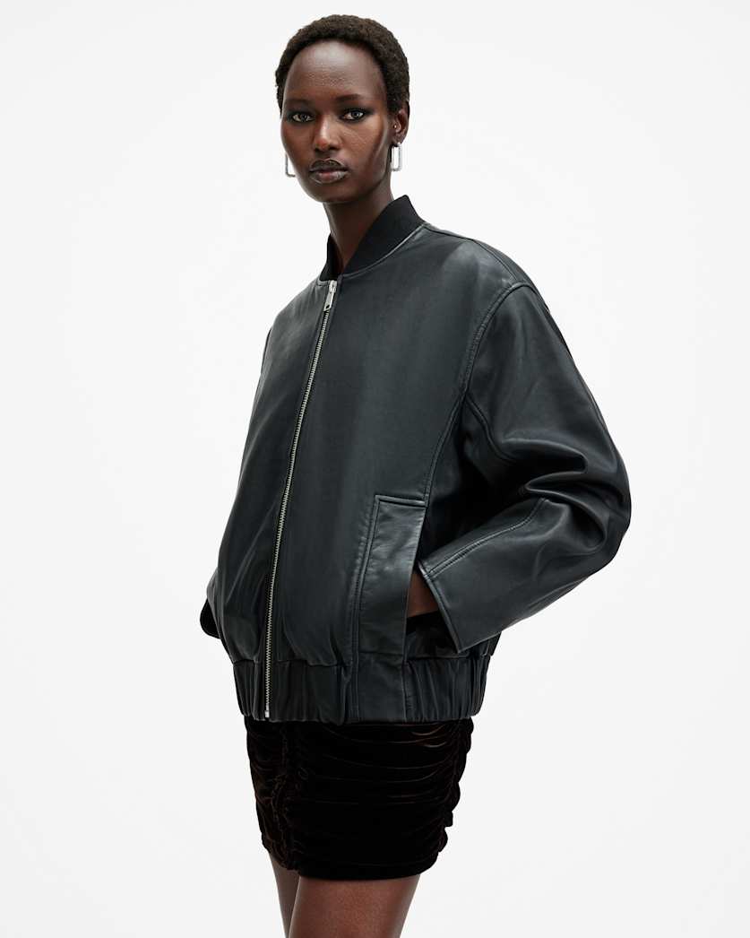 Yara Relaxed Fit Leather Bomber Jacket