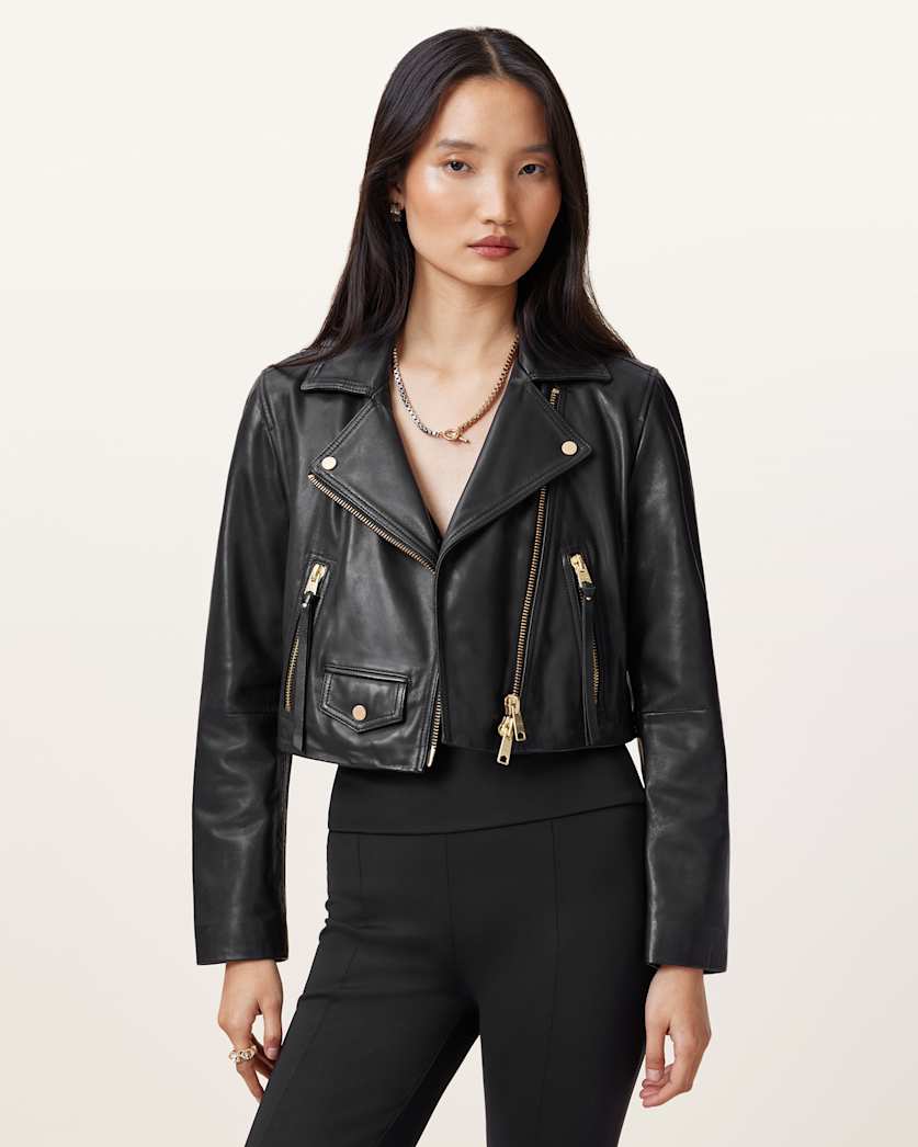 Elora Cropped Slim Leather Biker Jacket