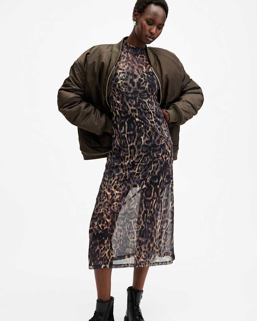 Hanna Mesh Animal Print Midi Dress