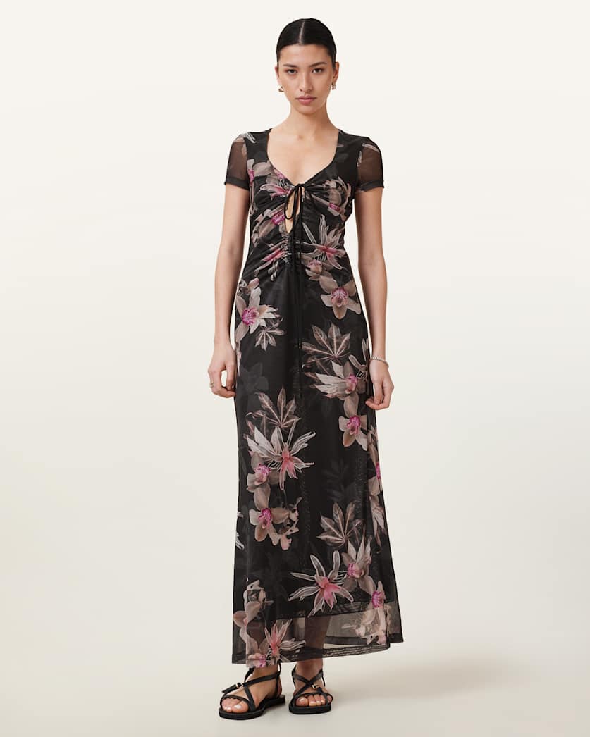 Gabby Floral Print Mesh Maxi Dress