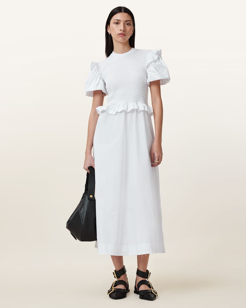 Ode Shirred Puff Sleeve Midi Dress
