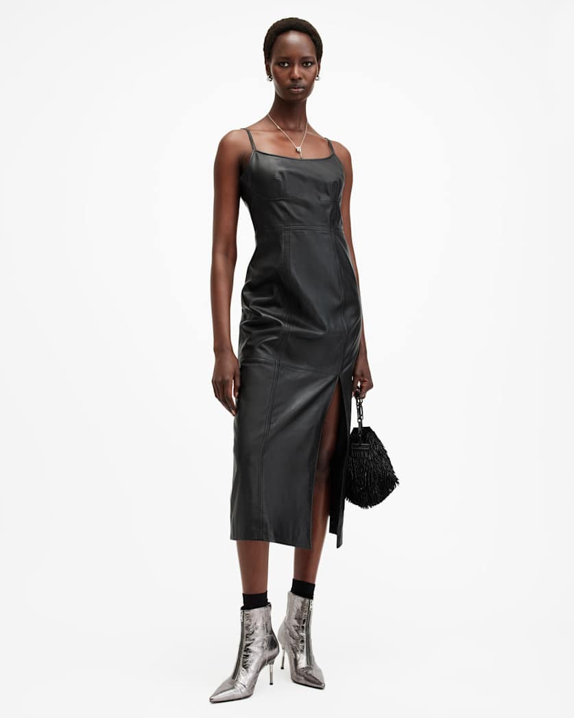 Norlene Scoop Neck Leather Midi Dress