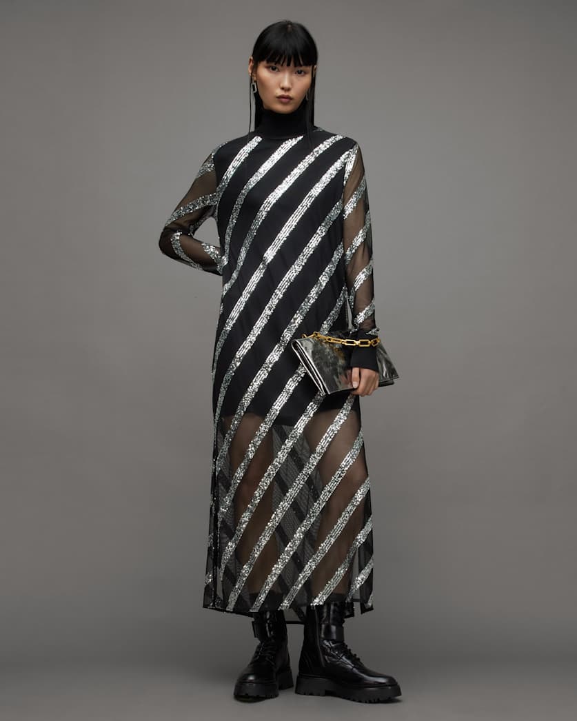 Juela Mesh Striped Sequin Midi Dress